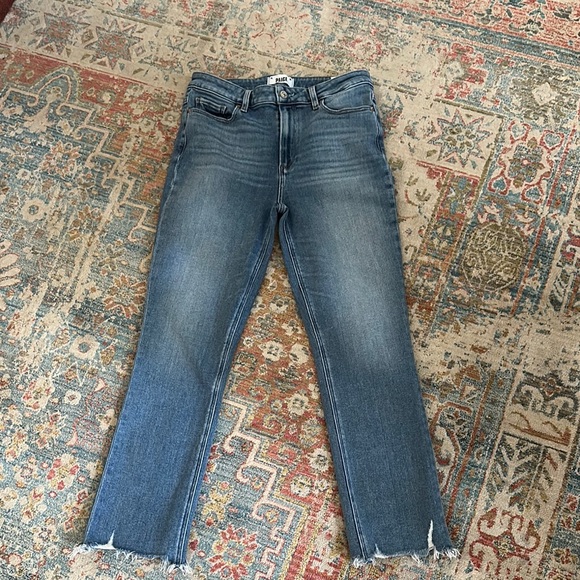 PAIGE Blue Straight Leg Jeans with Distressed Hem - Picture 1 of 4
